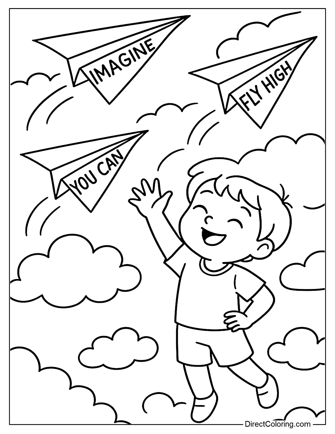 Coloring page of baby releasing paper planes, each carrying a word such as 