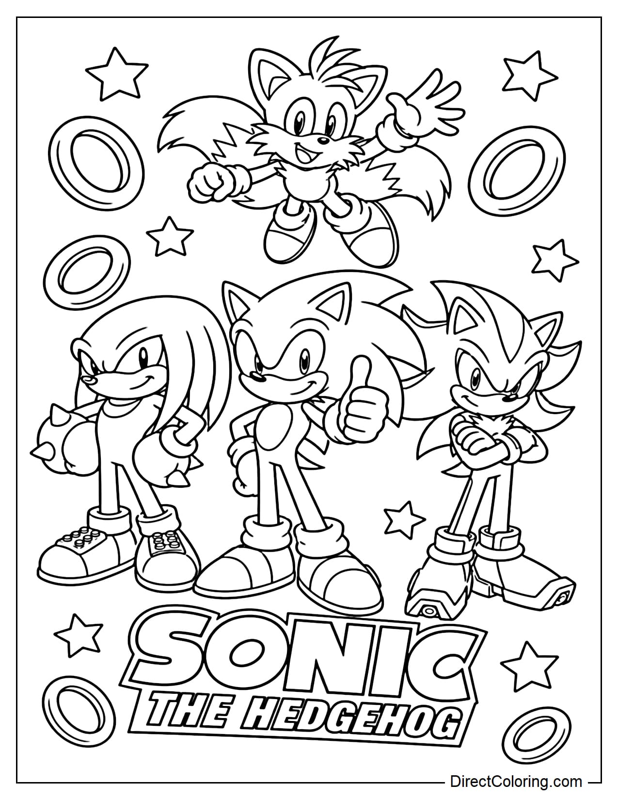 Sonic stands in the middle giving a thumbs-up, Tails flies cheerfully above, Knuckles stands beside him with hands on hips, and Shadow crosses his arms in a confident pose. Several large gold rings and stars surround the group. Below are the words 