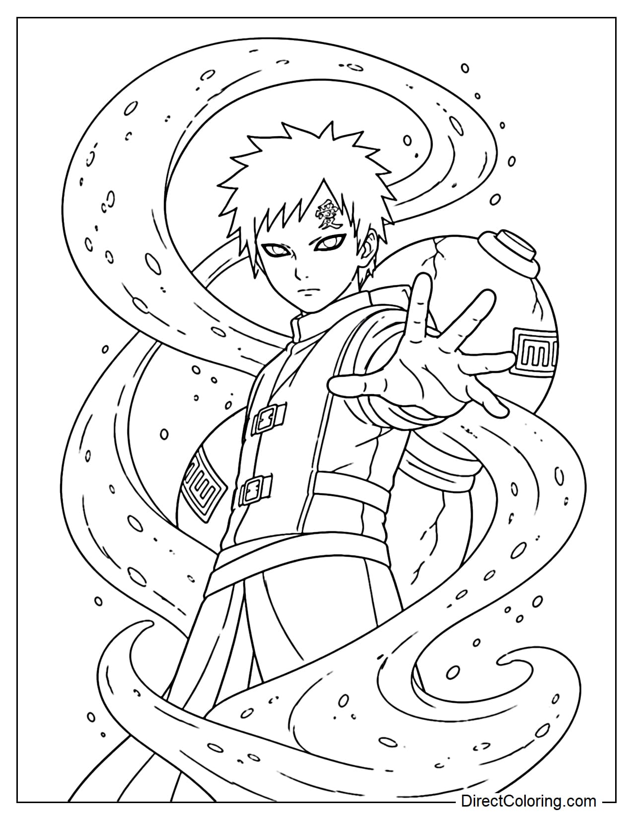 Gaara controls the sand with one hand, the sand blocks forming large, moving curves.