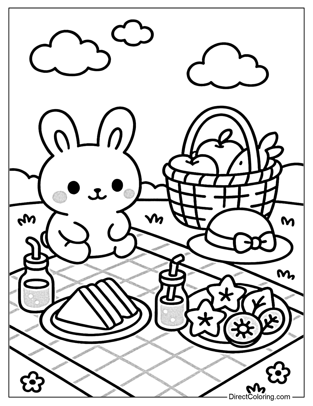 Coloring page of a picnic with sandwiches, star-shaped fruits, checkered scarves and stuffed animals.