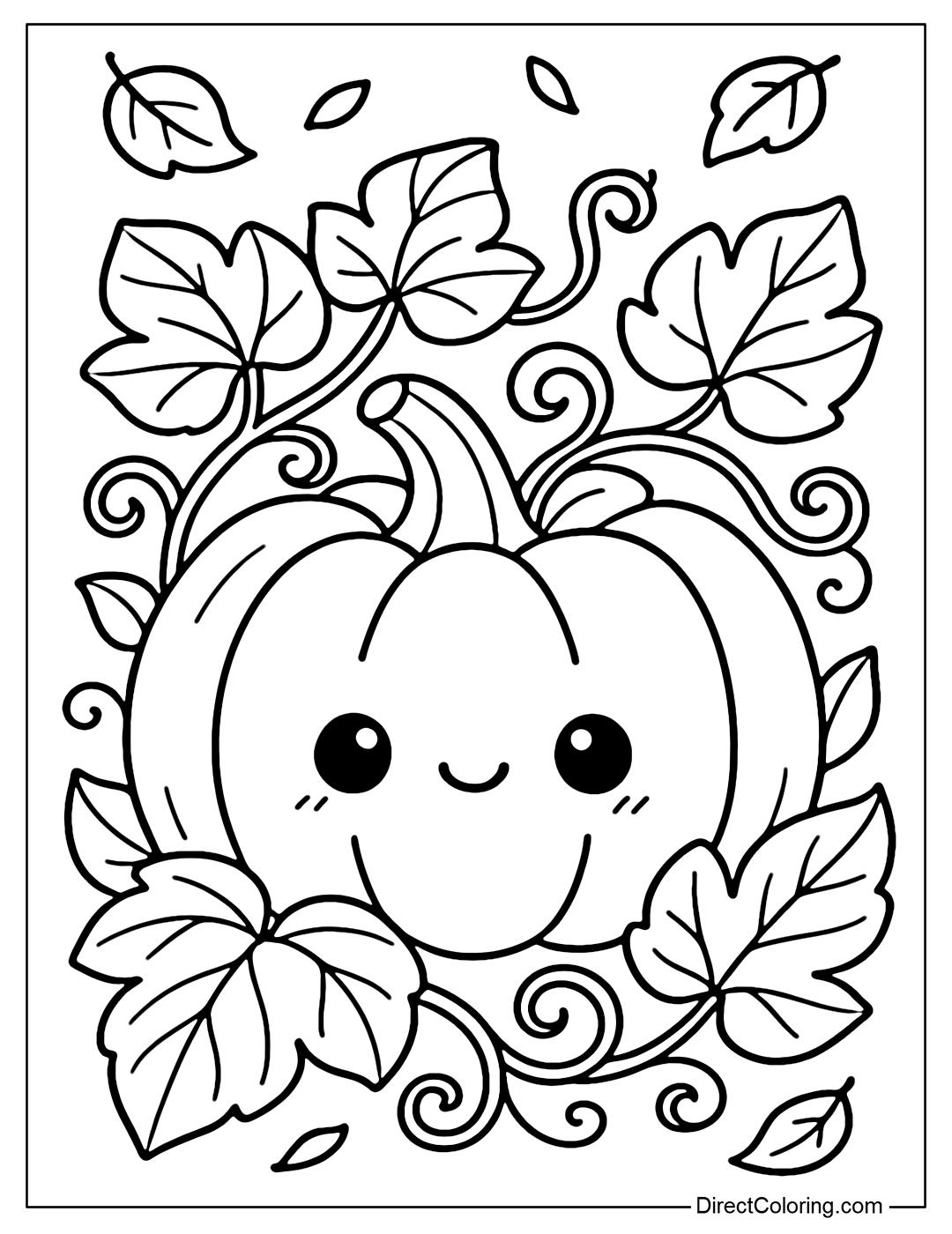 Giant pumpkin coloring page surrounded by soft big leaves, pumpkin tendrils spiral like ribbons, a few leaves fluttering in the wind