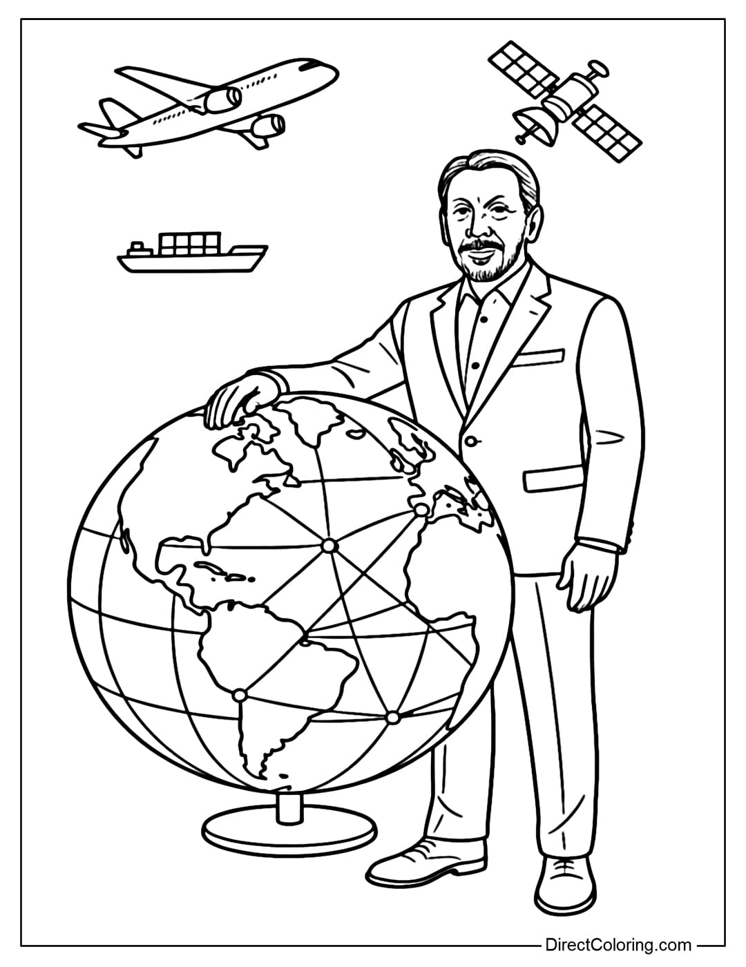 Larry Ellison with the Global Map Coloring Page Larry Ellison coloring page standing next to a globe, pointing at a map like a global leader.