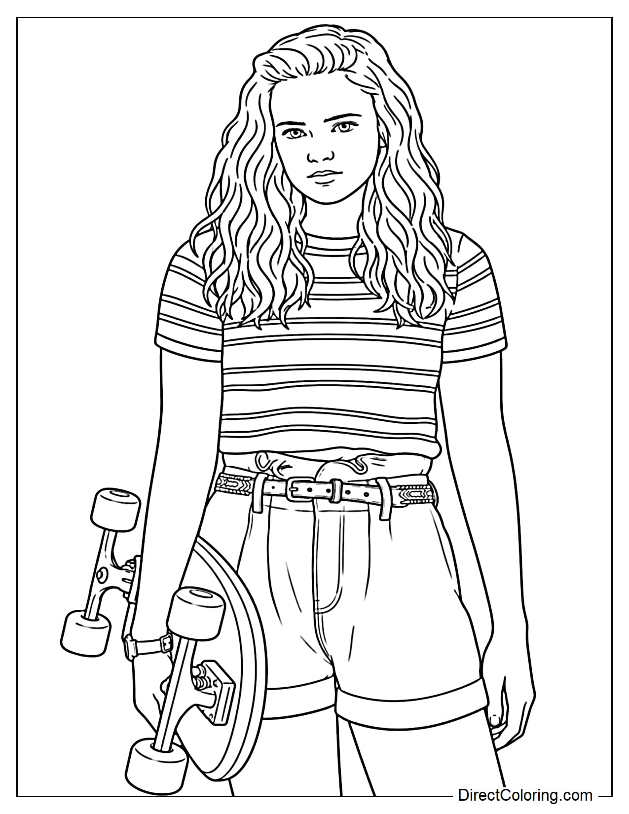 Max stands confidently with her skateboard at her side, wearing a casual striped outfit and showing the independent, adventurous style that makes her stand out in Stranger Things.