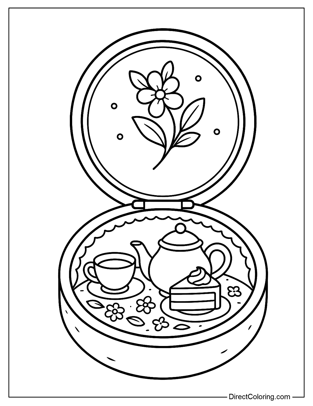 a Round Compact Coloring Page that opens up a small tea party with teacups, cakes and a floral tablecloth