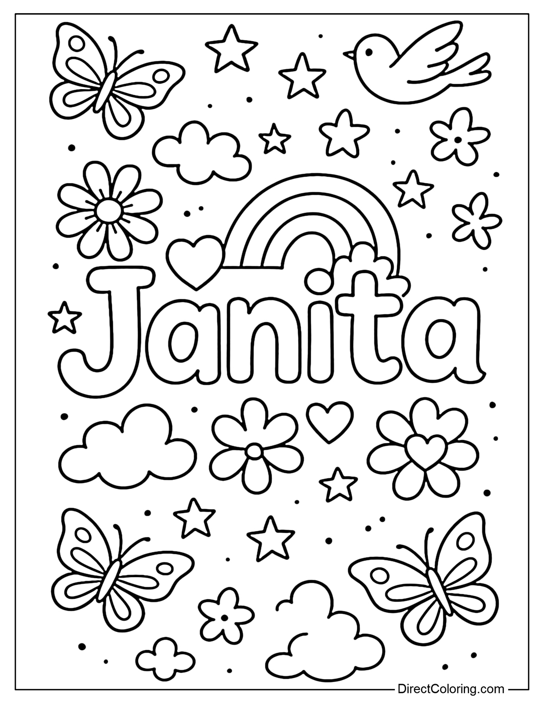 Janita name coloring page with large letters stylized with flowers, hearts and rainbows. The characters are surrounded by butterflies, stars, fluffy clouds and small birds, creating a feeling of joy, gentleness and full of positive energy.