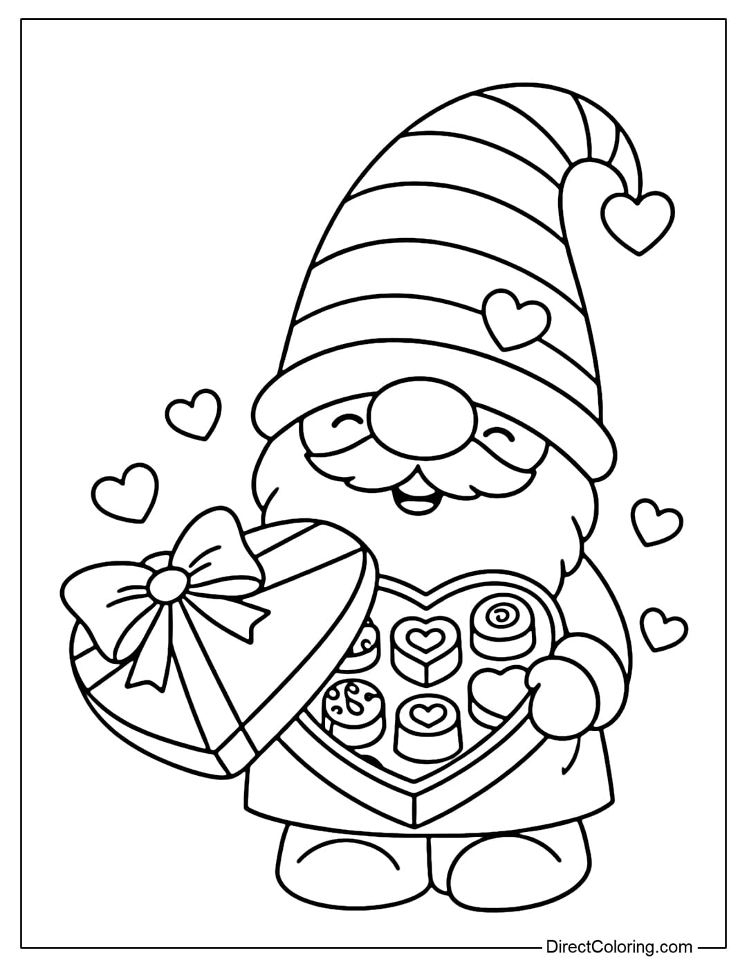 A coloring page of a gnome holding a heart-shaped Valentine's chocolate box.