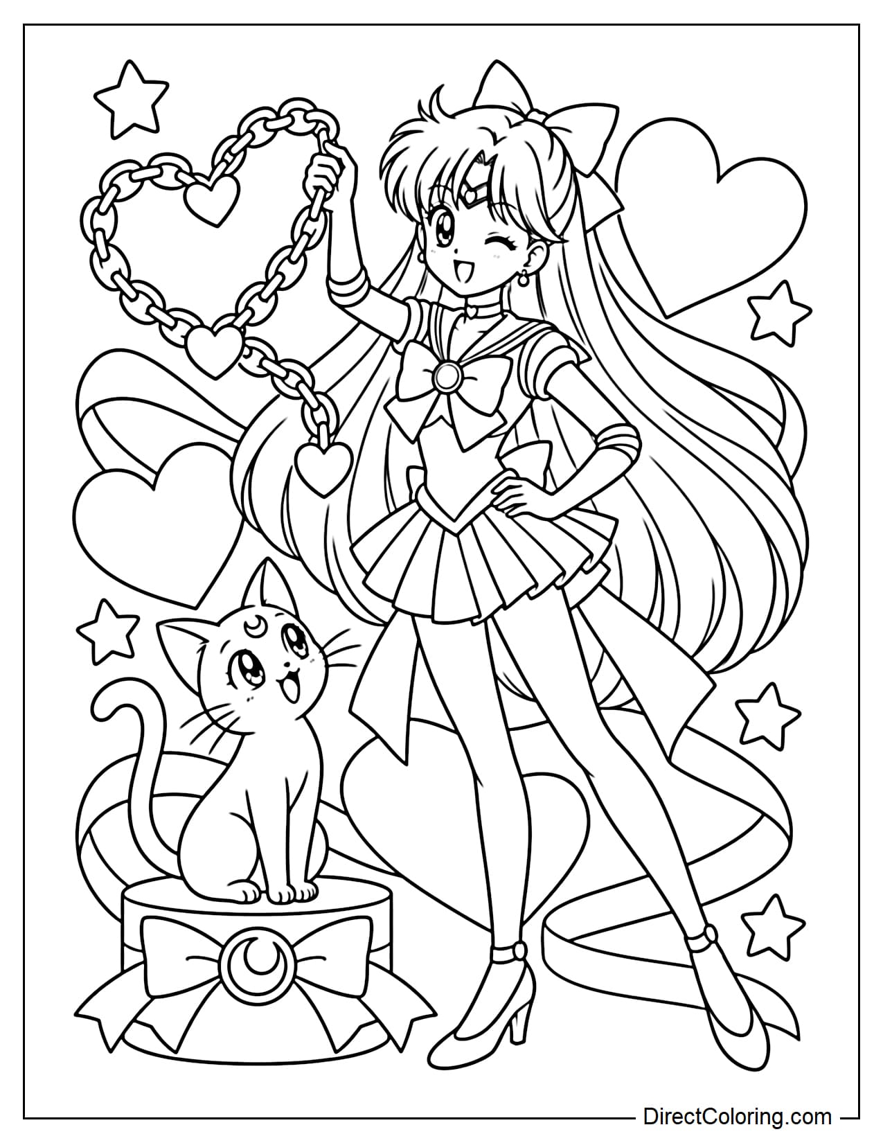 Sailor Venus (Minako Aino) poses cheerfully with her white cat, Artemis. She rests one hand on her hip while lifting a section of her magical Venus Love-Me Chain with the other, forming large, softly curved heart shapes. Artemis sits on a small round platform beside her, looking up at Sailor Venus.