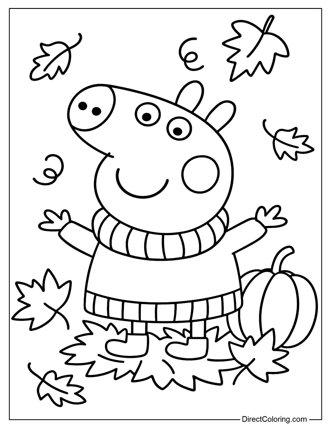 Coloring page Peppa Pig wearing an autumn sweater, playing in a pile of maple leaves, next to a large pumpkin.