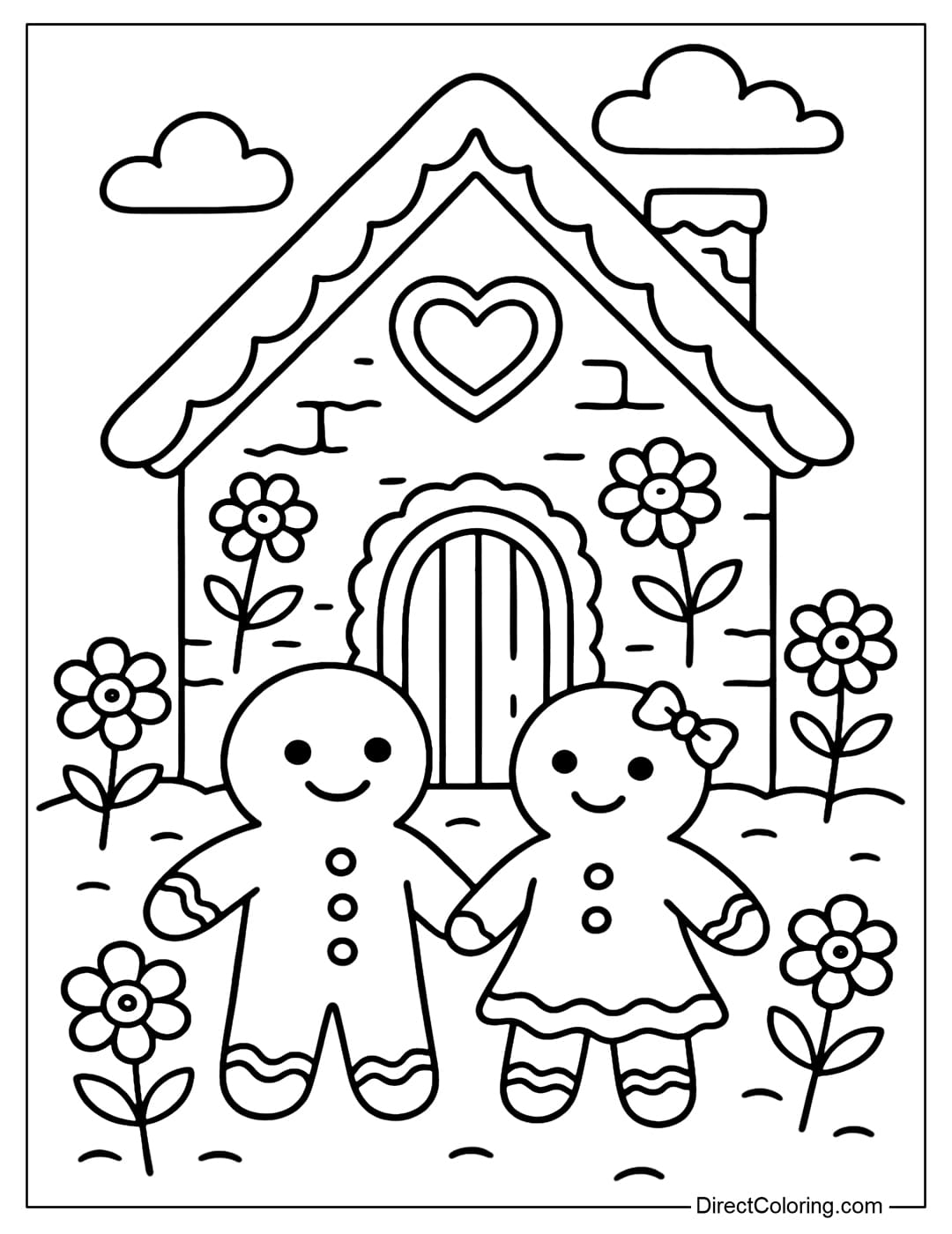 A romantic gingerbread house coloring page with heart-shaped windows, candy flowers, and two gingerbread people holding hands