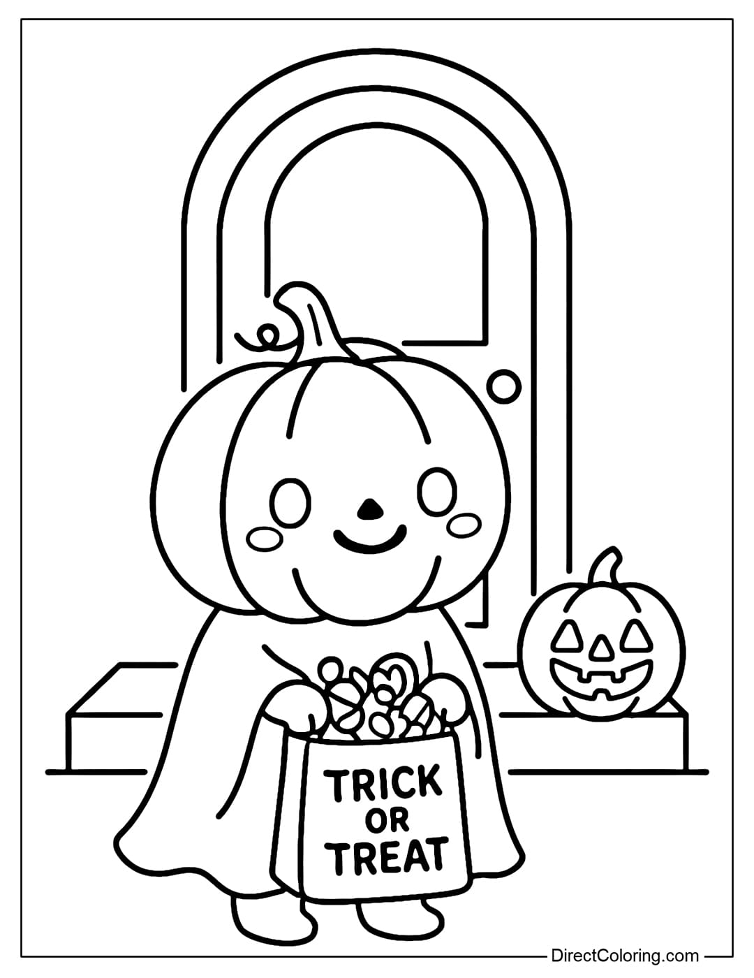 A coloring page of a pumpkin in costume, holding a 