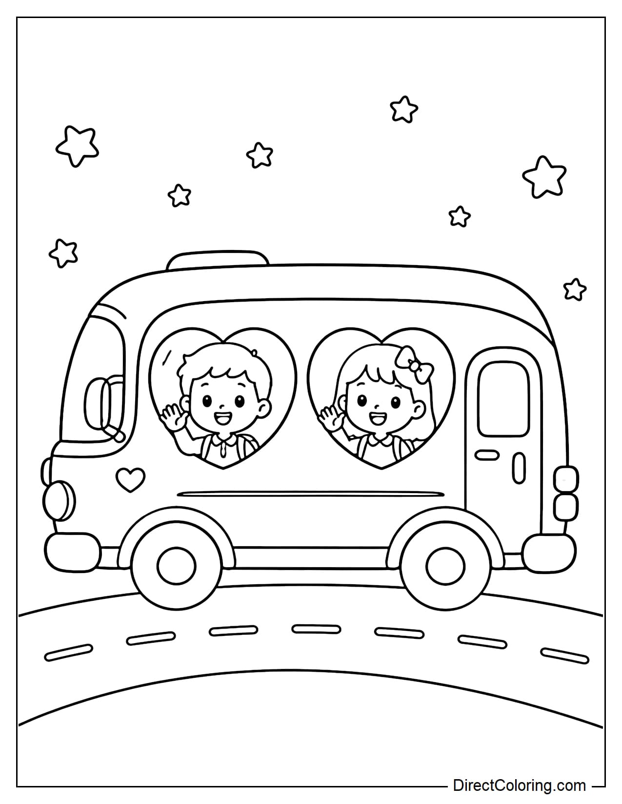 A cartoon-style school bus with cute heart-shaped windows, with two students sitting inside looking out happily, surrounded by small stars.