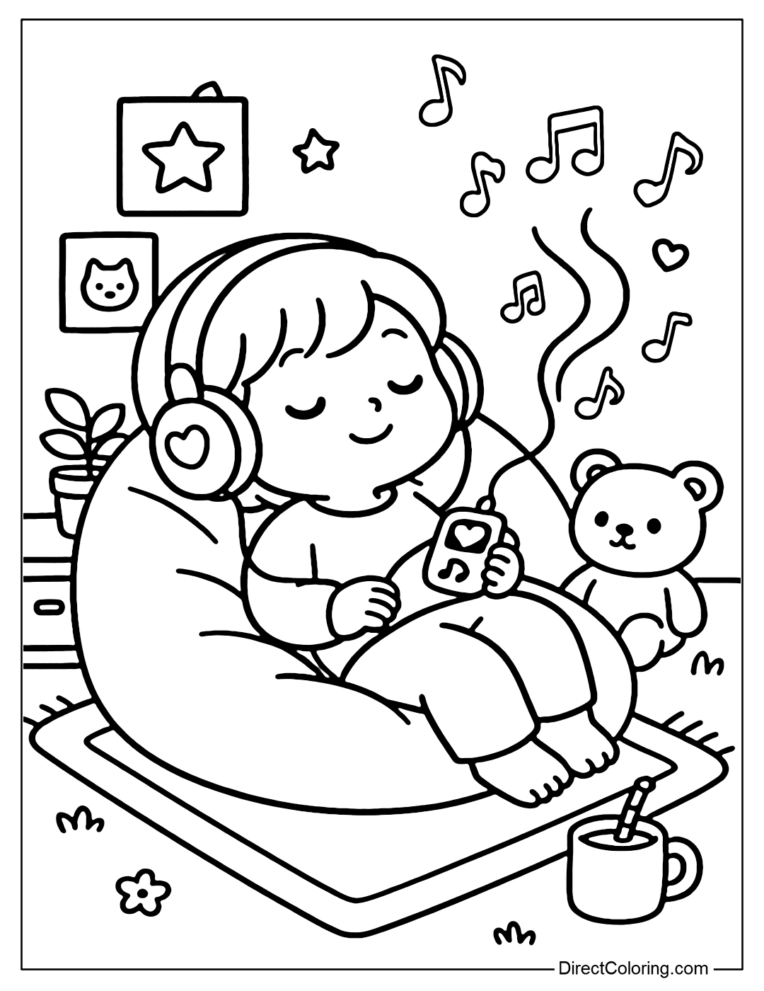 Coloring page of a little boy wearing headphones, lying on a bean bag with a music player playing heart-shaped music notes.