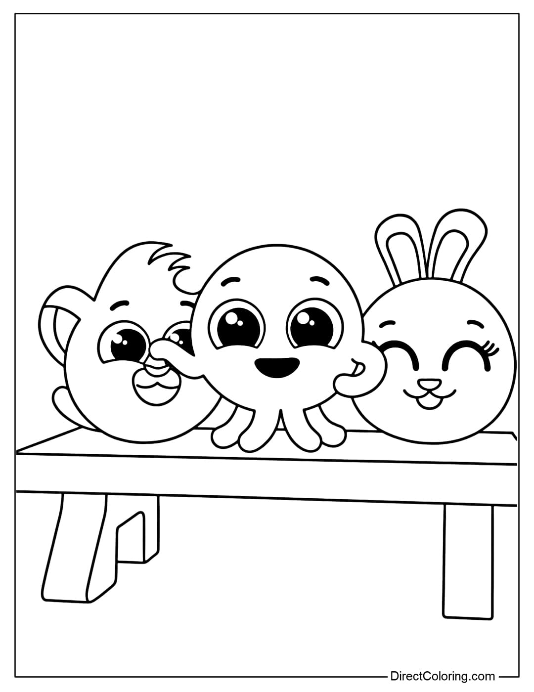 Coloring page of three characters Rick, Pow, Bunny on a bench.