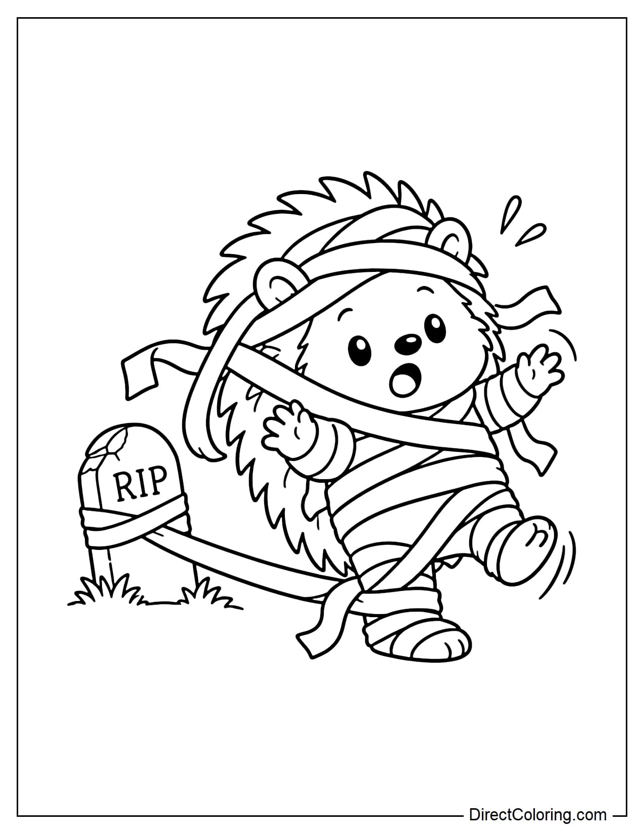 A hedgehog dressed as a Halloween mummy, stumbling along as the bandages wrapped around its body suddenly come loose and get caught on a small gravestone.