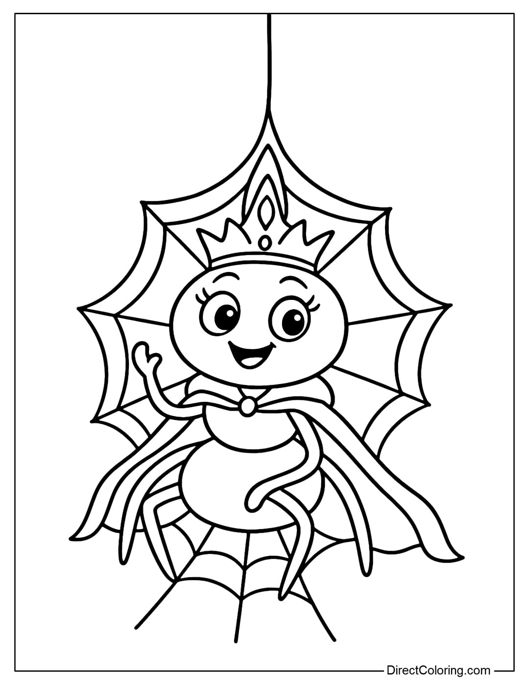 A coloring page of a princess spider with a sparkling crown, a graceful cape, sitting on a silk web like a throne.