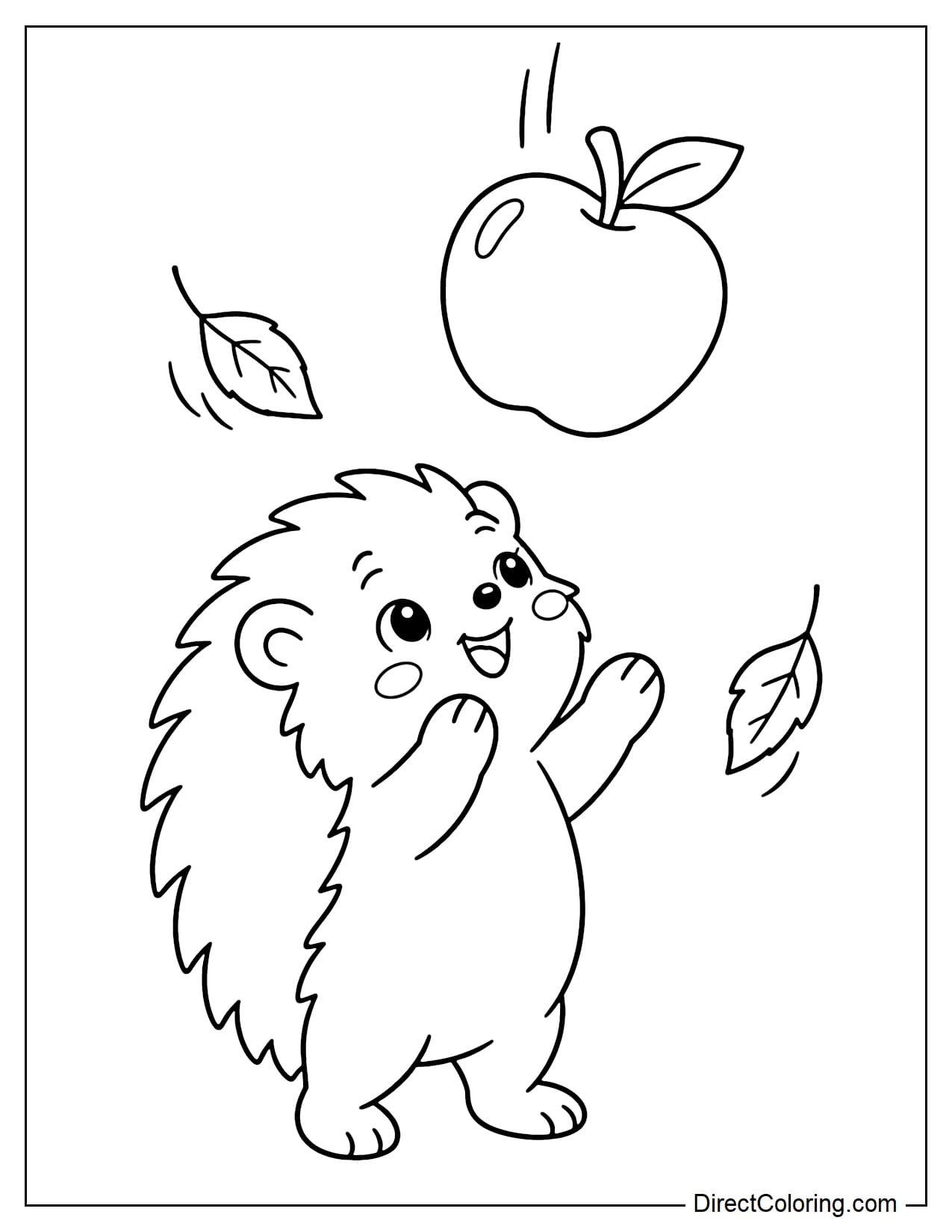 A cute hedgehog reaching both paws up to catch a large apple falling from above.