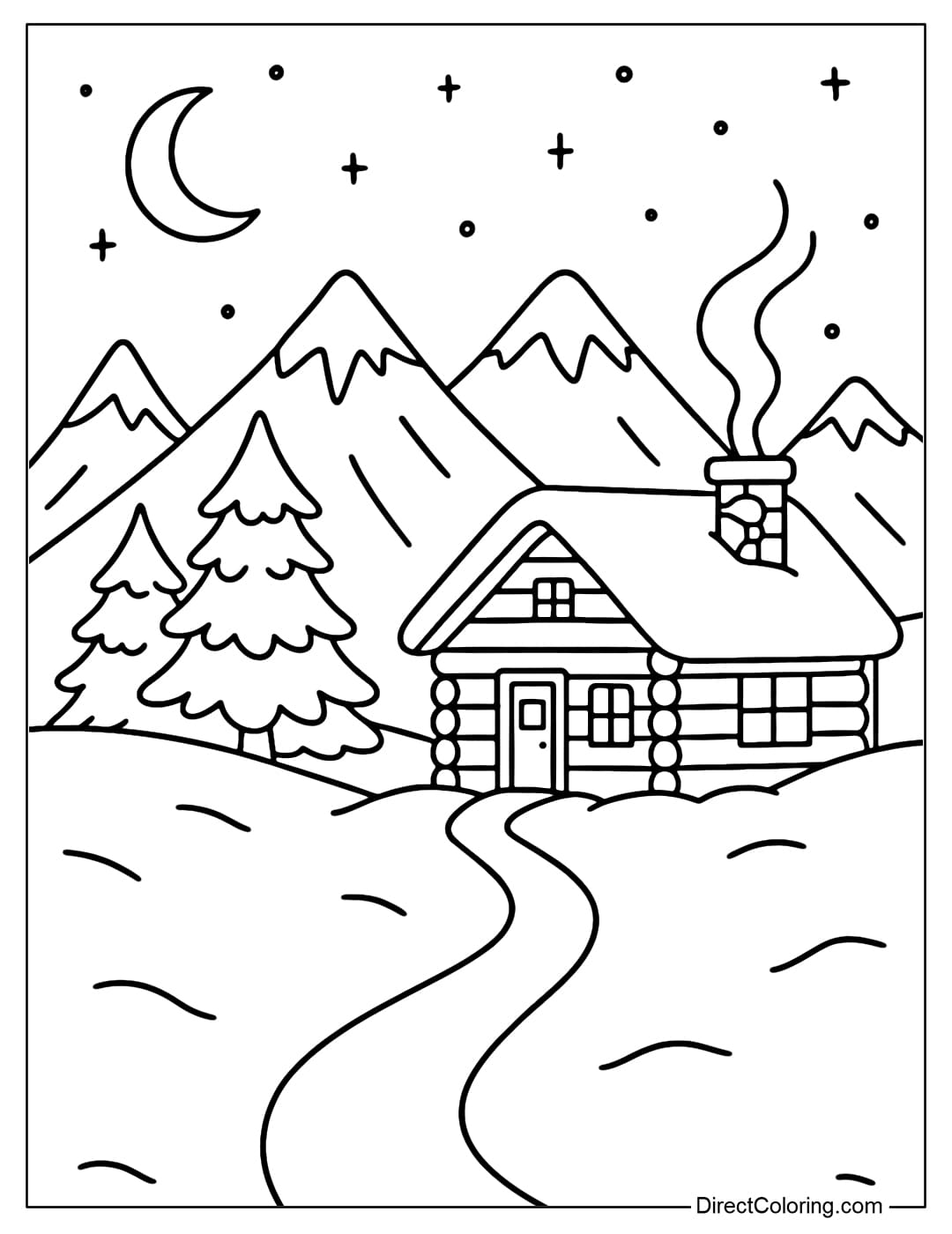 A small cabin coloring page in the middle of a snowy mountain range, with smoke rising high, a small road leading up the hill, and a moonlit and starry sky.