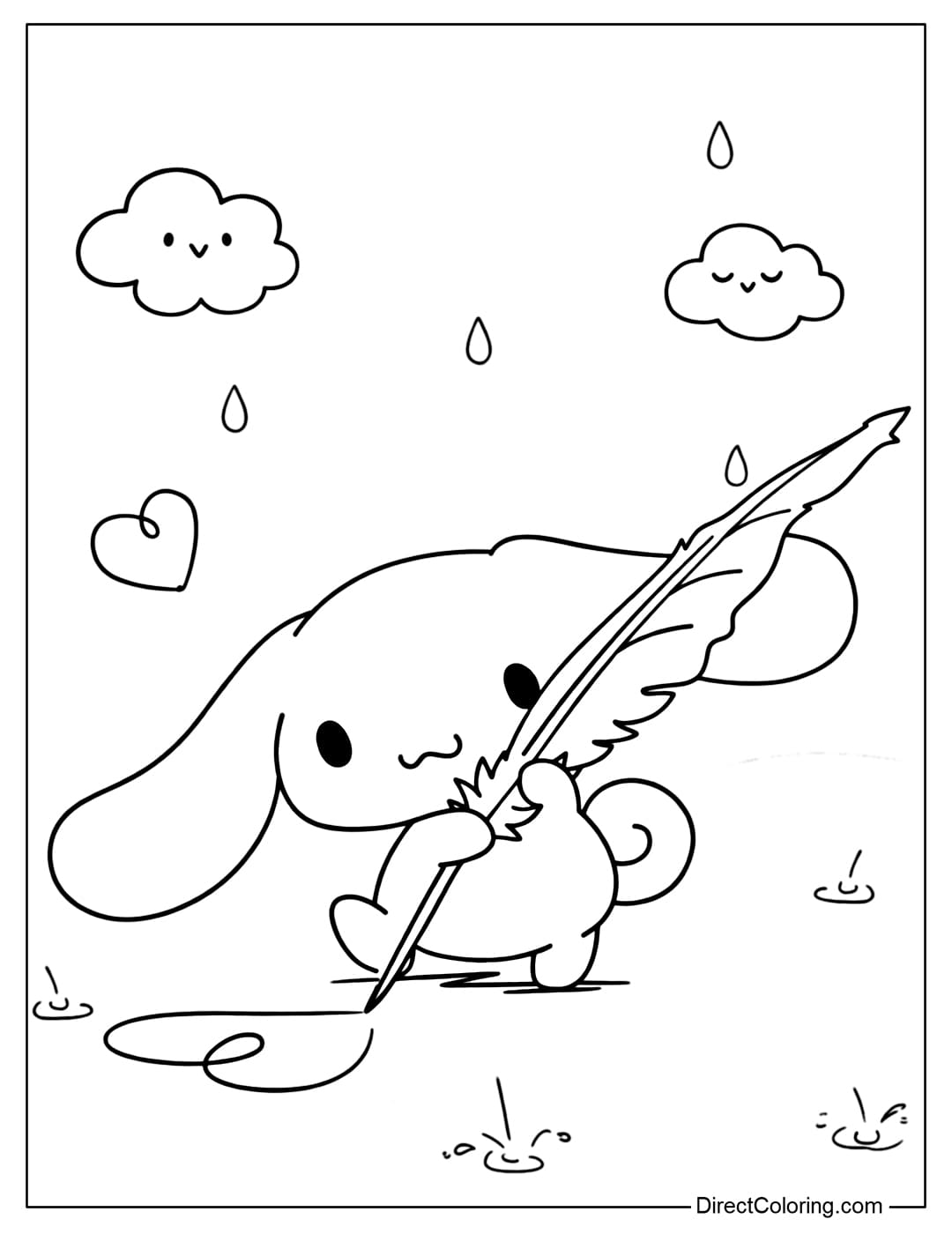 A coloring page of Cinnamoroll holding a feather pen and writing on the ground on a rainy day, with clouds and raindrops around.