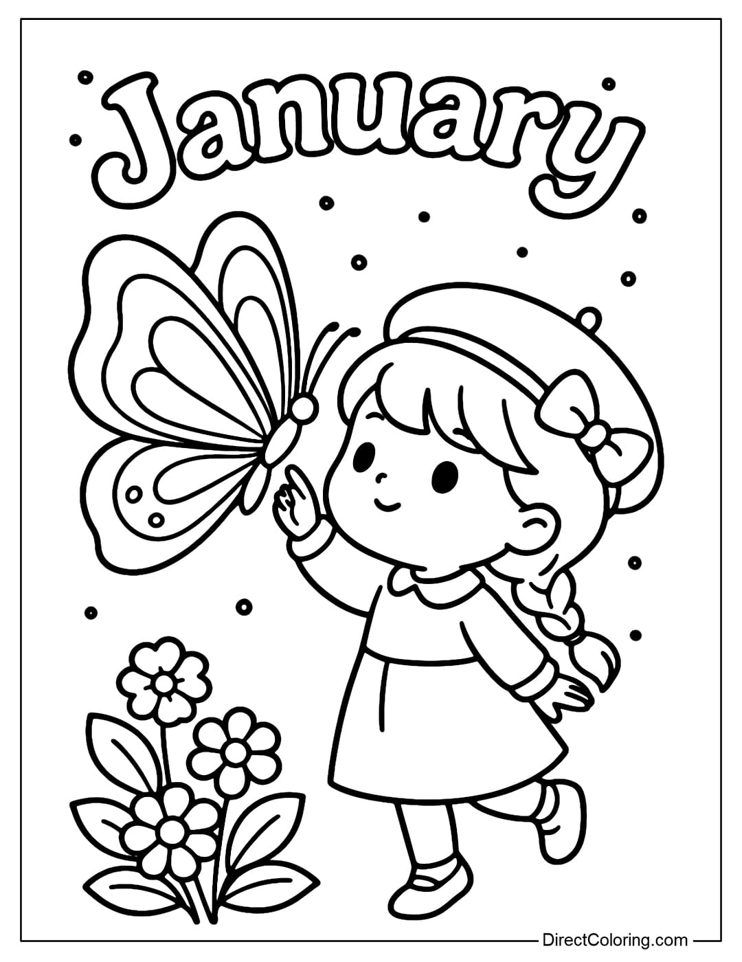 Coloring page with a picture of a girl and a giant butterfly, with a cluster of flowers below and the word January above.