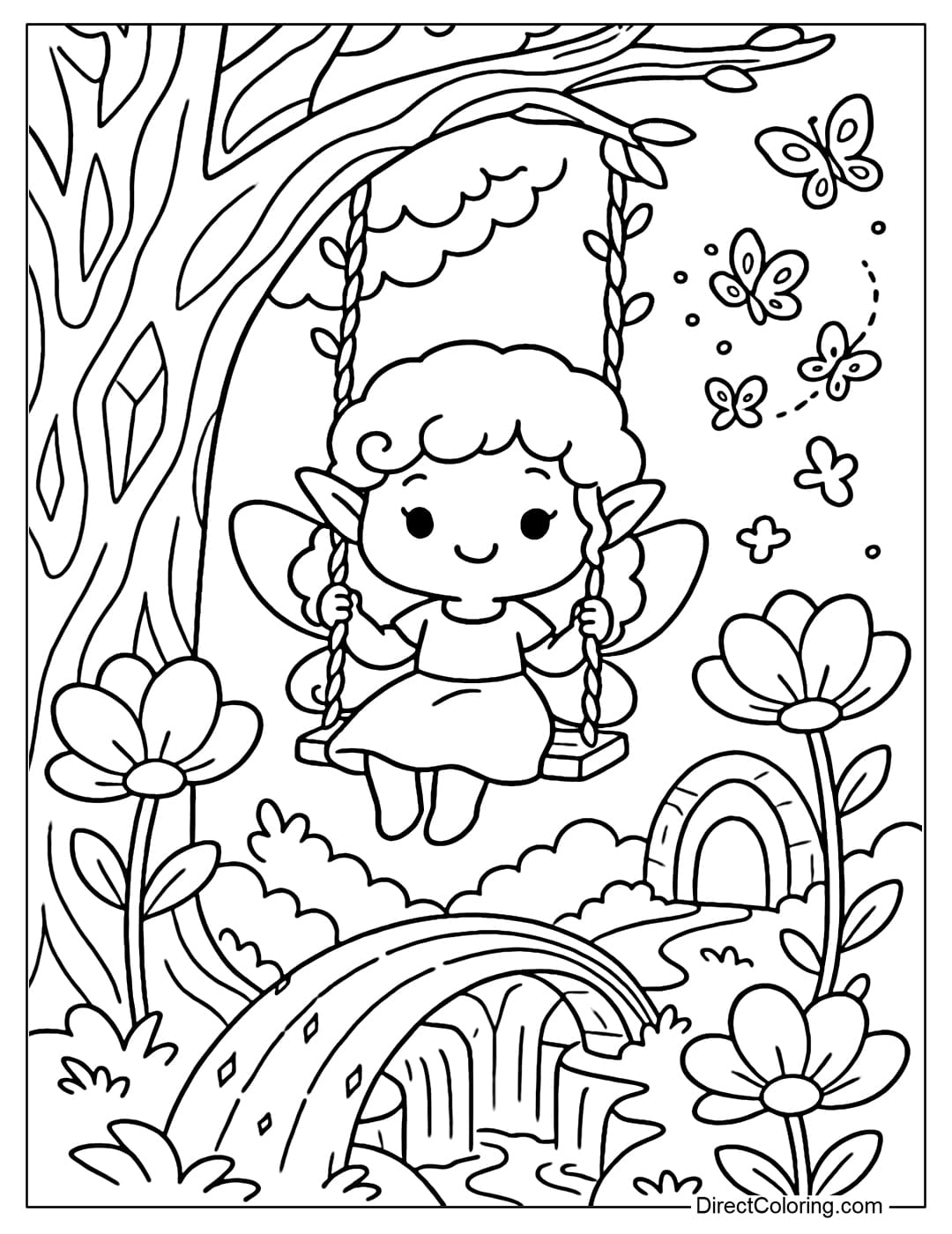 A coloring page of a little curly-haired fairy sitting on a swing hanging from a tree branch, surrounded by big flowers and round-winged butterflies.