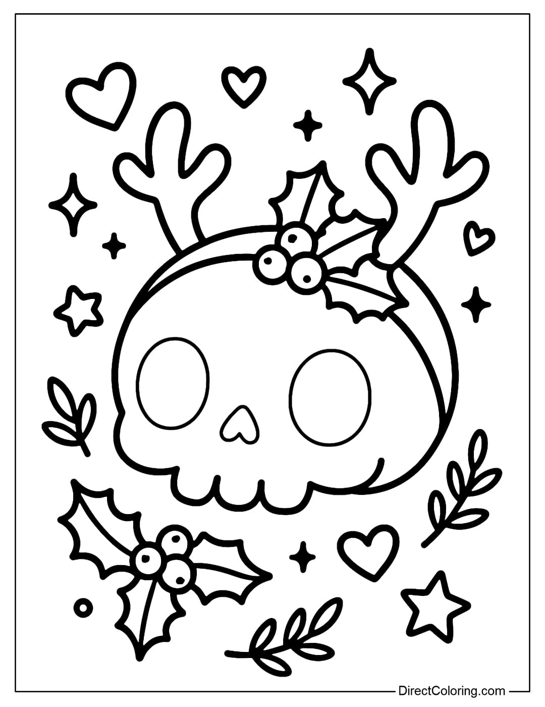 A small skull coloring page wearing a reindeer antlers headband, decorated with holly leaves, hearts and sparkling stars flying around.