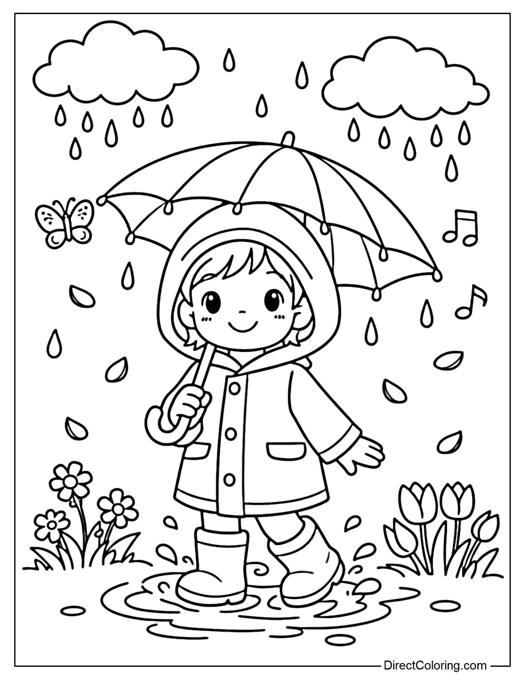 A coloring page of a child wearing a raincoat and boots, holding an umbrella in the spring rain.