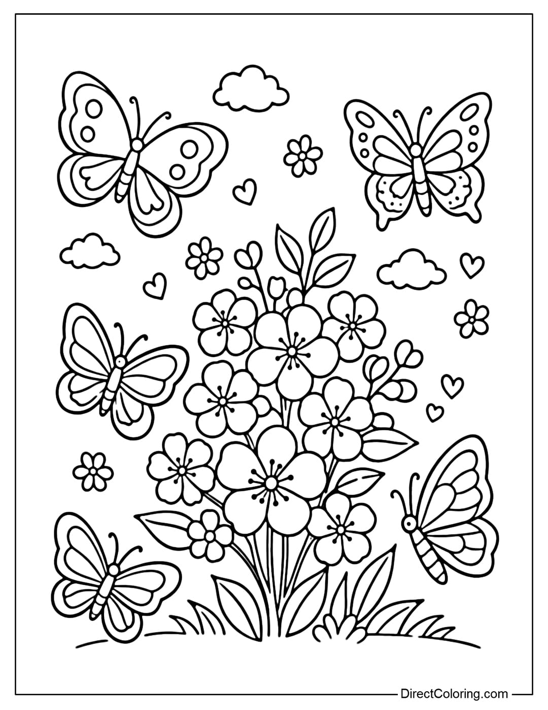 A coloring page of butterflies flying around spring flowers.