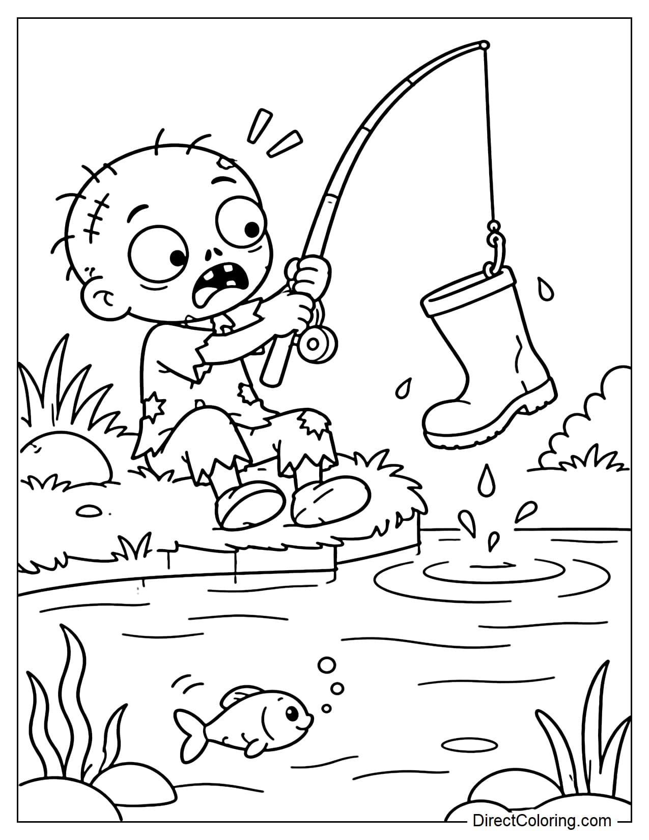 A zombie fishes by a pond and looks surprised after reeling in an old boot instead of a fish.