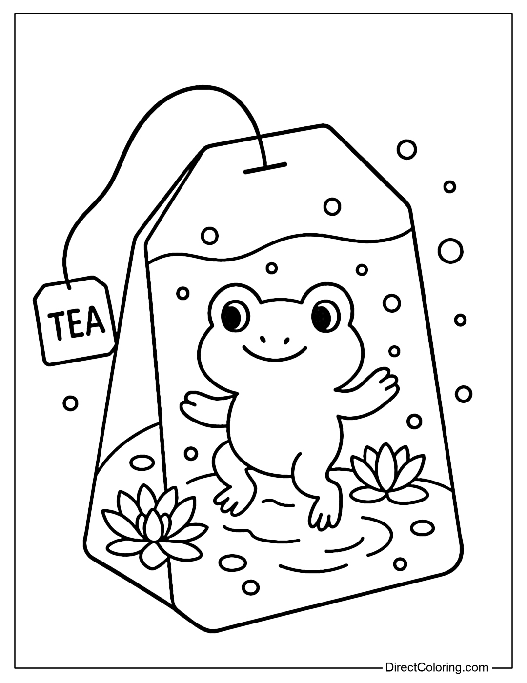 Tea bag coloring page with a pink frog in a small lotus pond, surrounded by water lilies and bubbles.