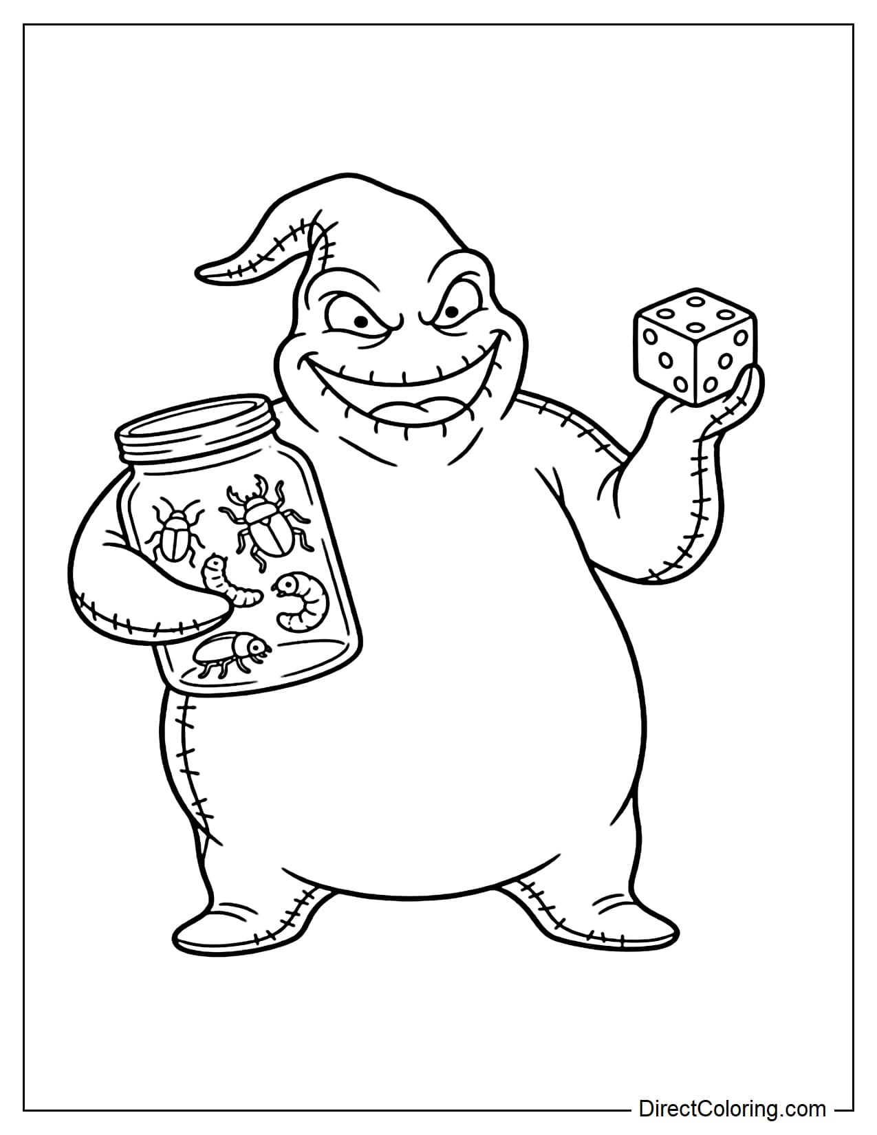 Oogie Boogie holding a large jar containing a few bugs in one hand, wearing a mischievous expression while holding a large die in his other hand.