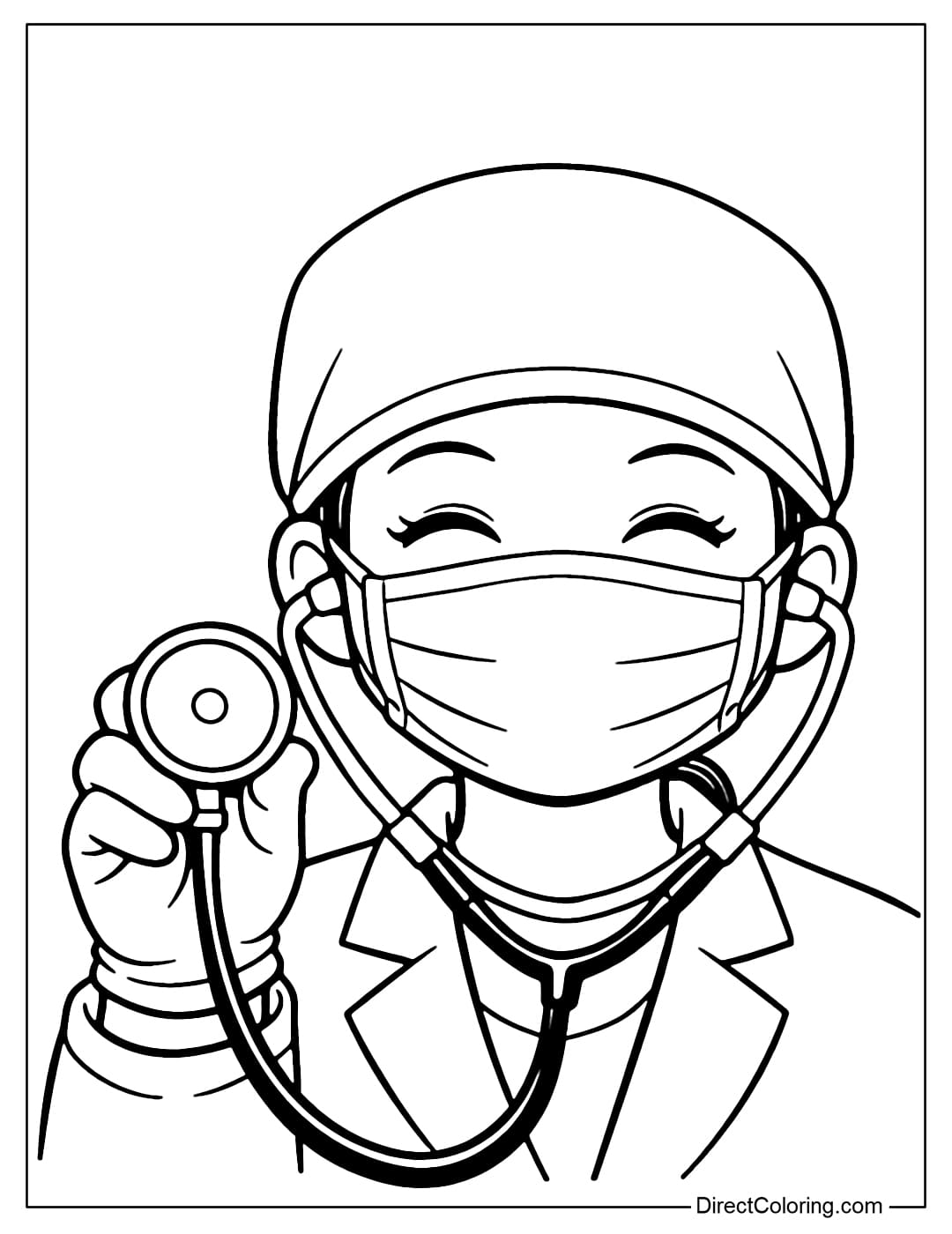A doctor wearing a mask, only showing their smiling eyes, and holding a stethoscope.