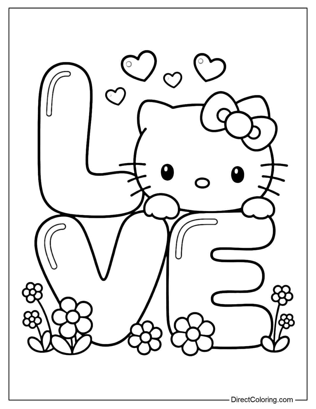 A coloring page of Hello Kitty peeking her head out from between the large word LOVE, with small hearts above it.