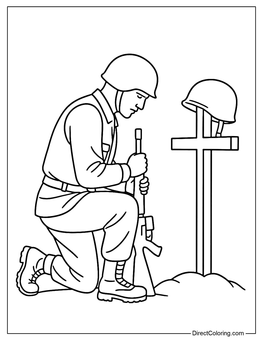 Coloring page of a soldier kneeling before a cross in memory of his comrades.
