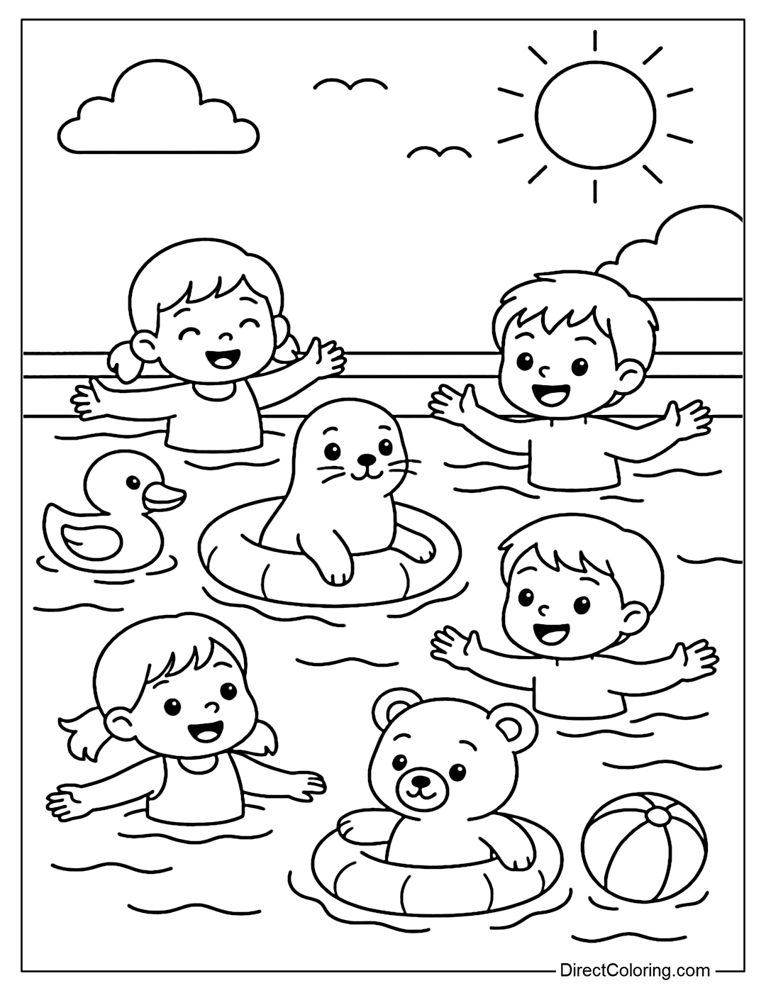Coloring page of animals like baby bears, seals and ducks playing in the pool with kids.