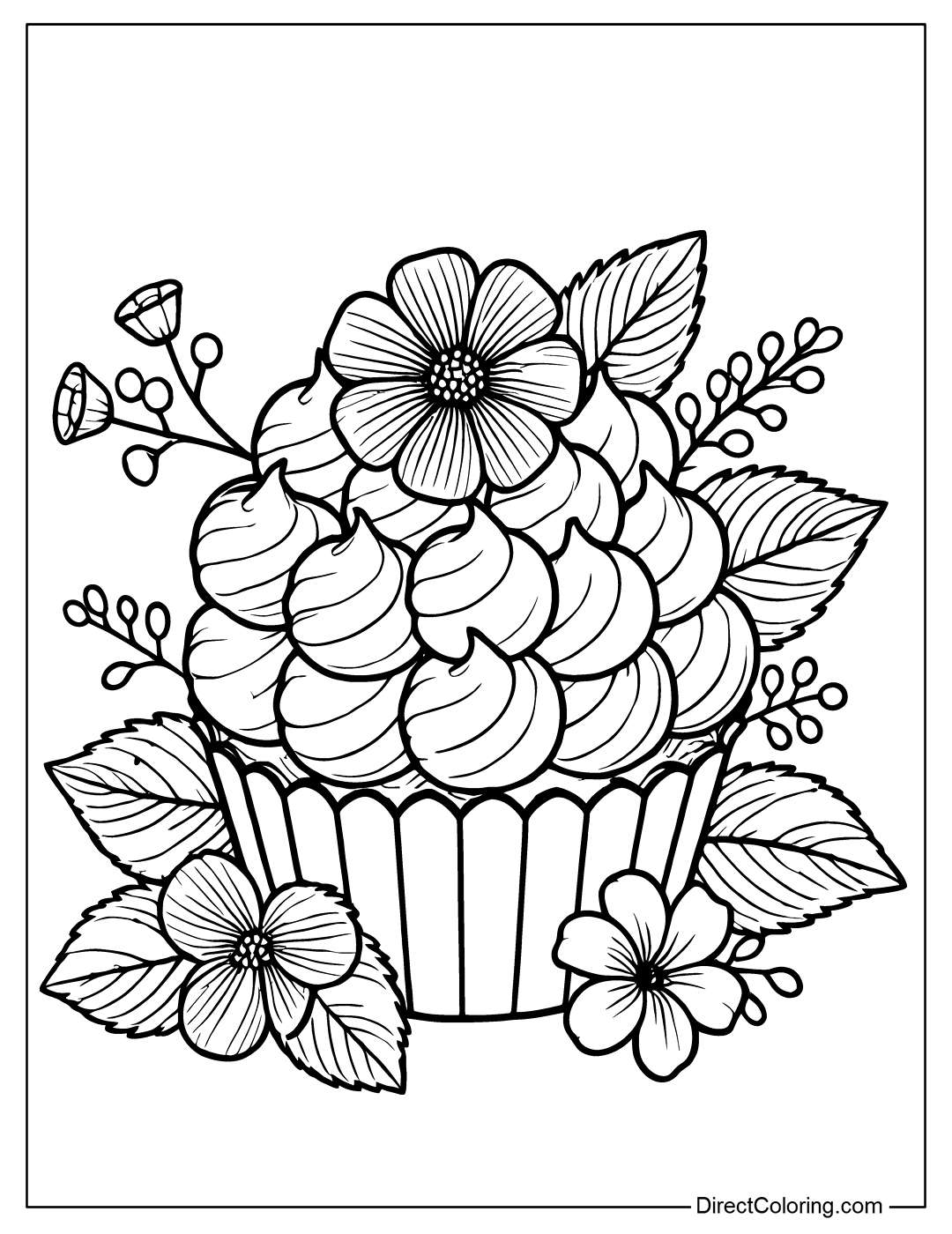 Cupcake Coloring Page with Flowers and Leaves