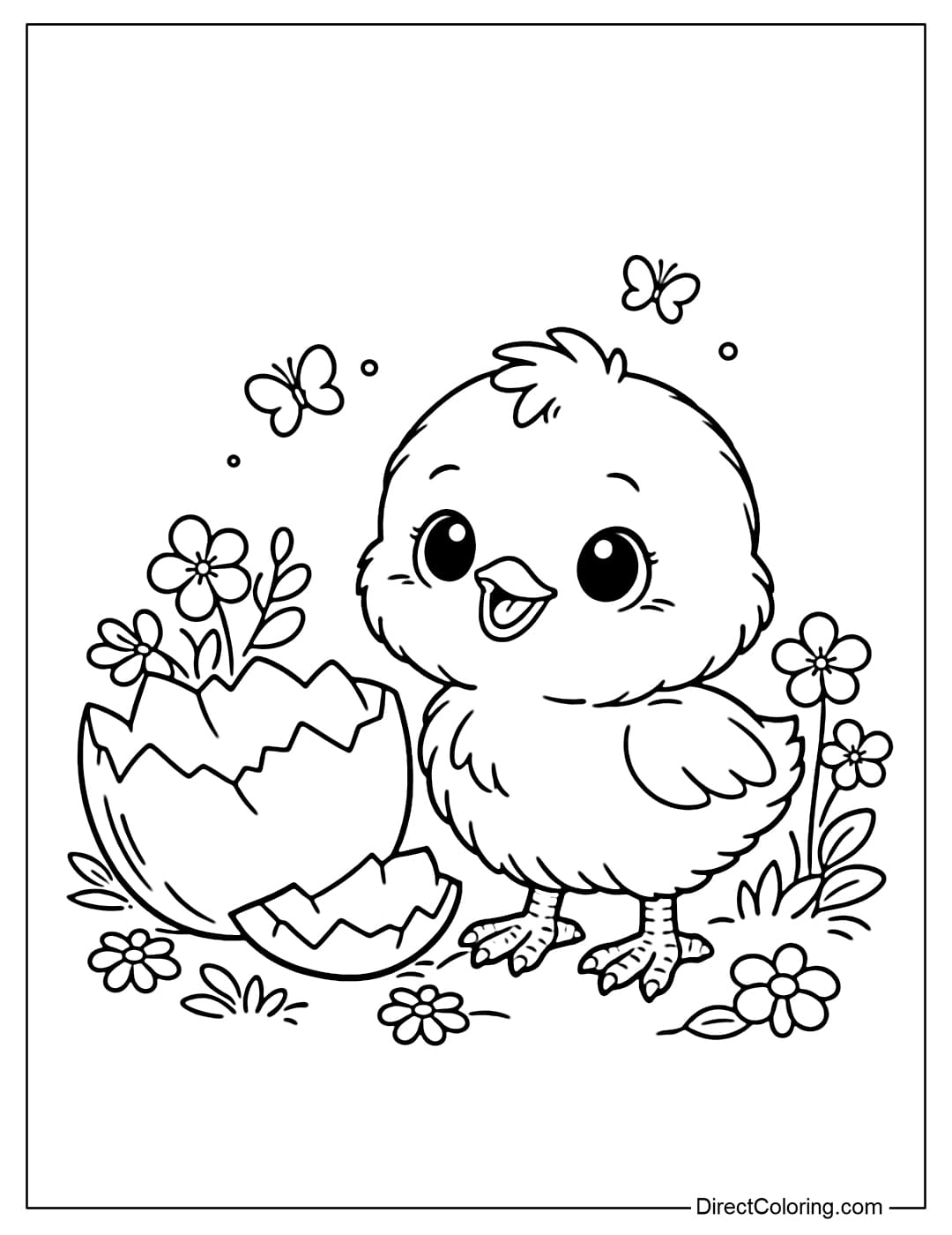 A coloring page featuring a newly hatched chick standing next to an eggshell and small spring flowers.
