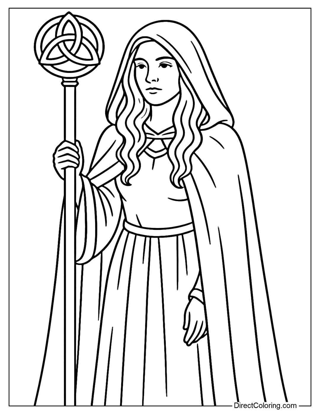 Coloring page of Celtic priestess wearing robe, holding staff with Celtic knot symbol.