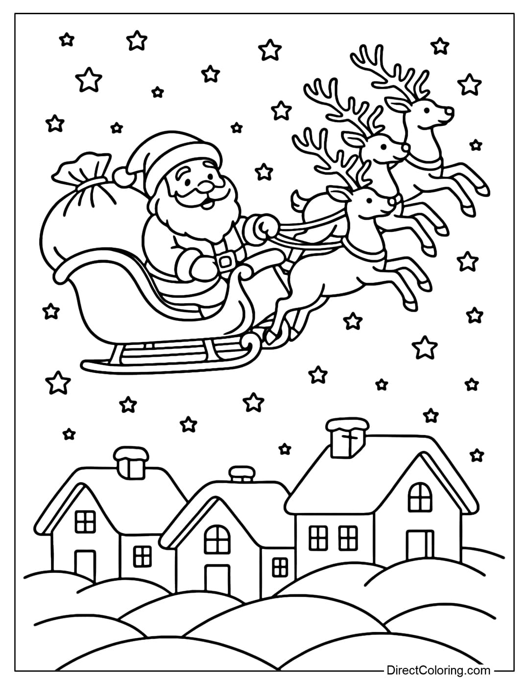 A Santa Claus coloring page riding a sleigh pulled by reindeer flying over snow-covered houses.