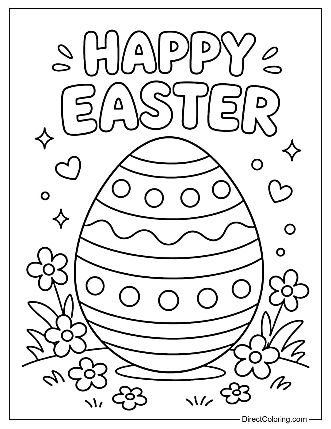 A coloring page of an Easter egg with the simple words 