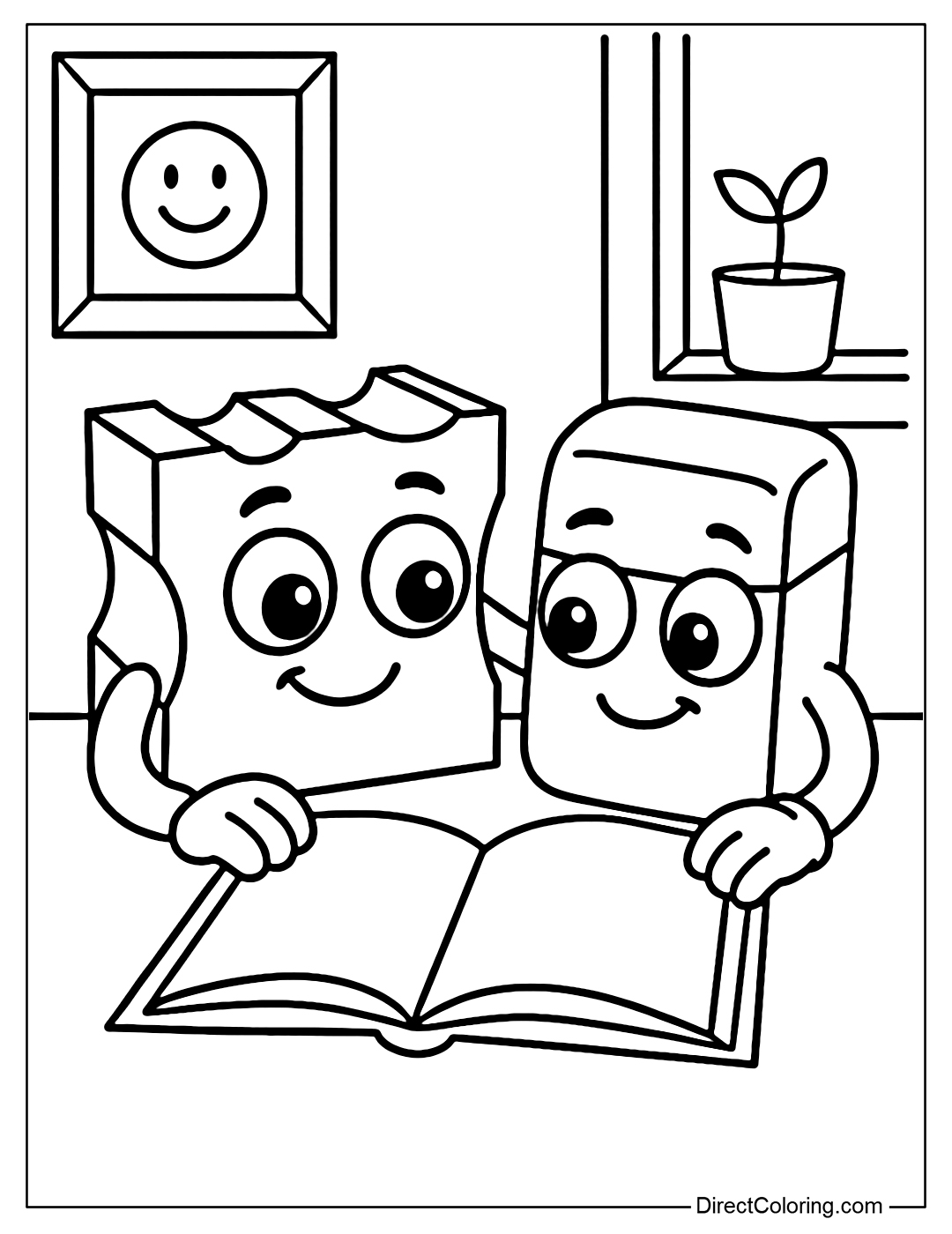 A coloring page of a pencil sharpener and an eraser is a pair of best friends sitting at a desk reading a story, with a picture frame of a smiling face and a small tree by the window.