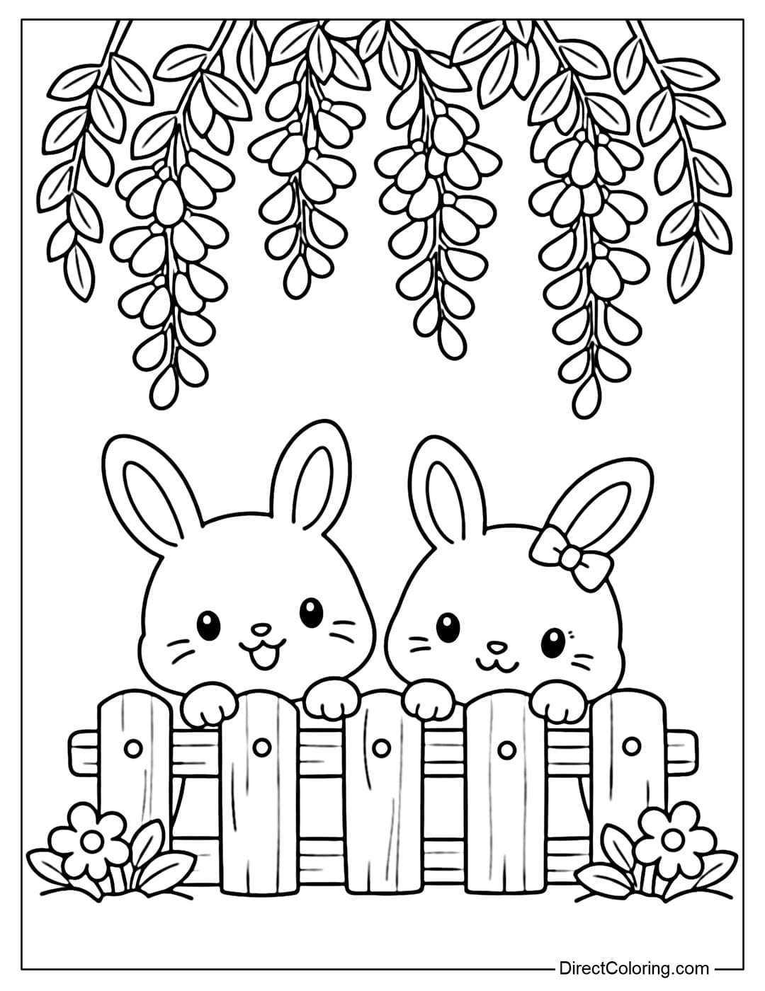 A coloring page of two little bunnies standing behind a simple wooden fence, with spring flowers hanging down from above.