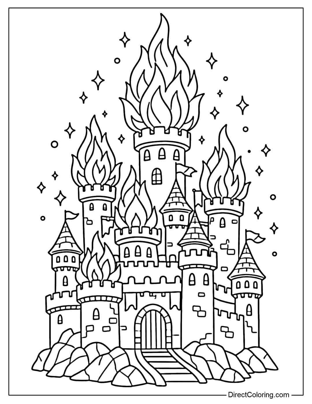 A coloring page of a fantasy castle with towers resembling blazing flames and small sparks flying around, creating a magical feel.