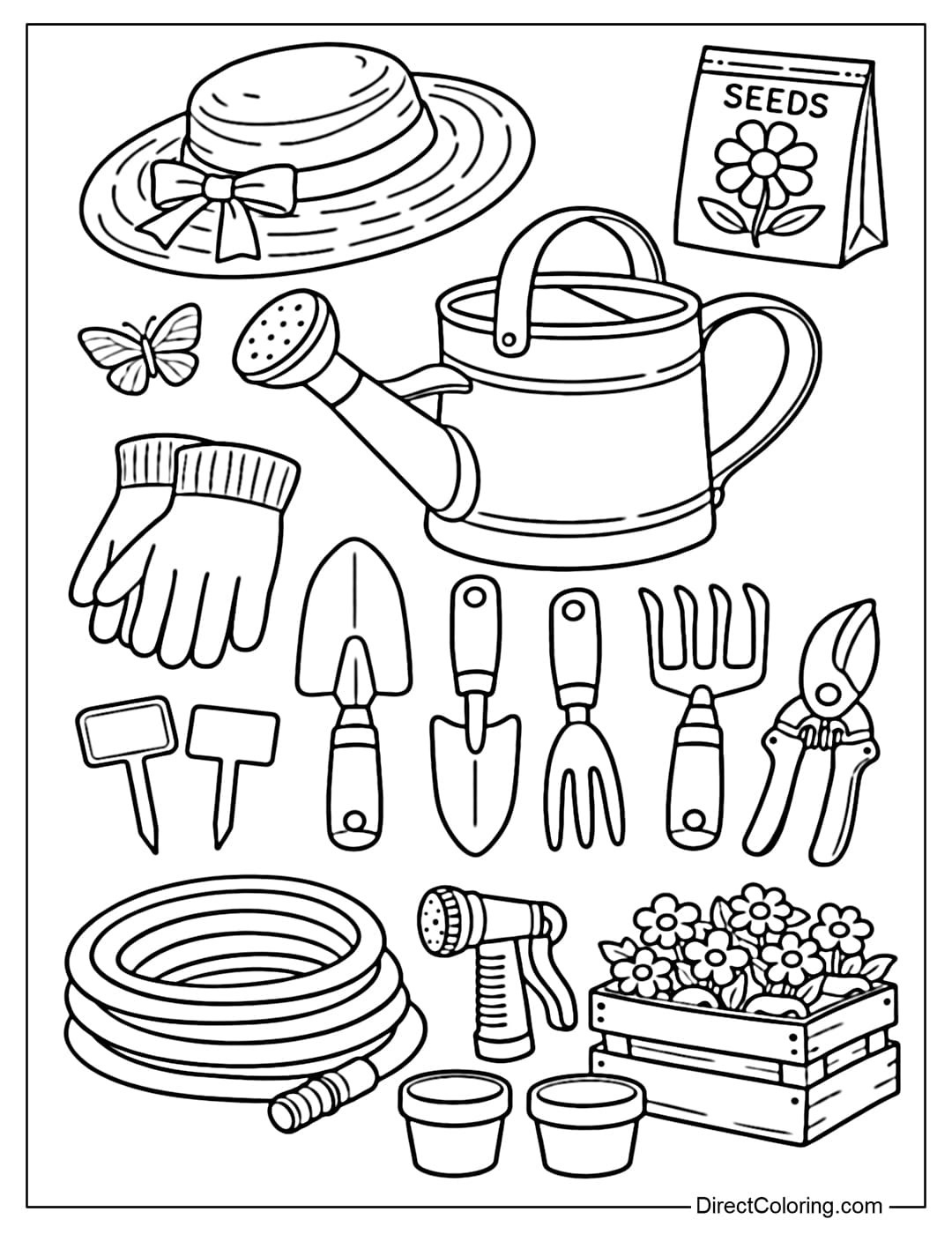 Coloring page of garden tools such as a shovel and watering can.