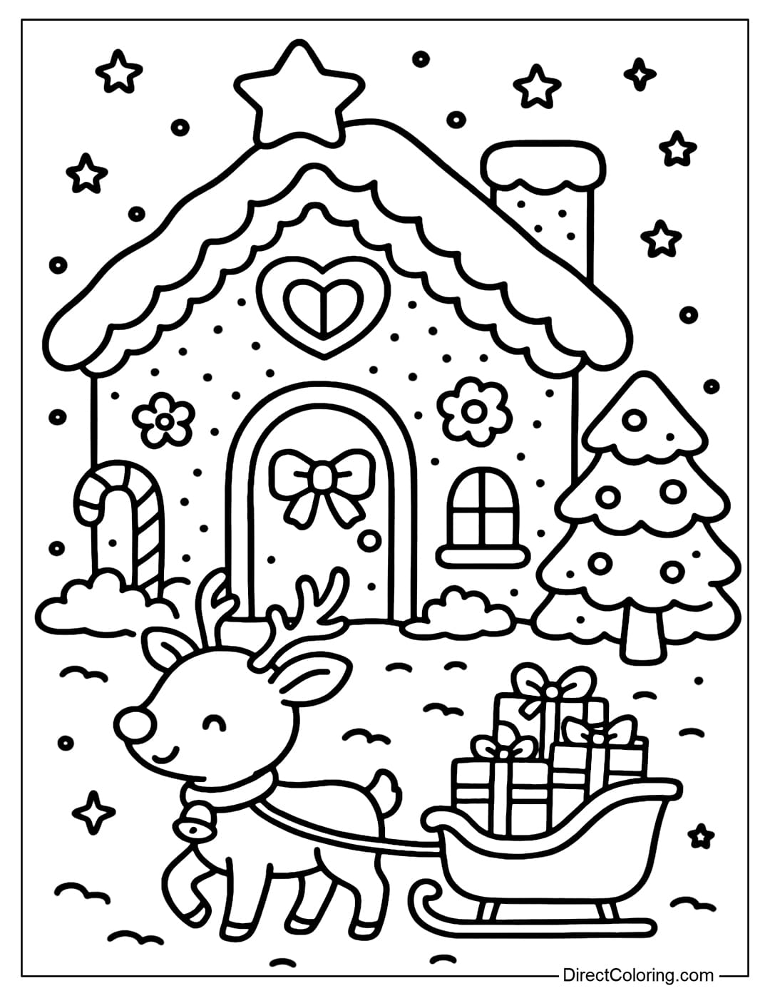 A gingerbread house coloring page with a reindeer pulling a sleigh full of gifts, a shiny red nose.