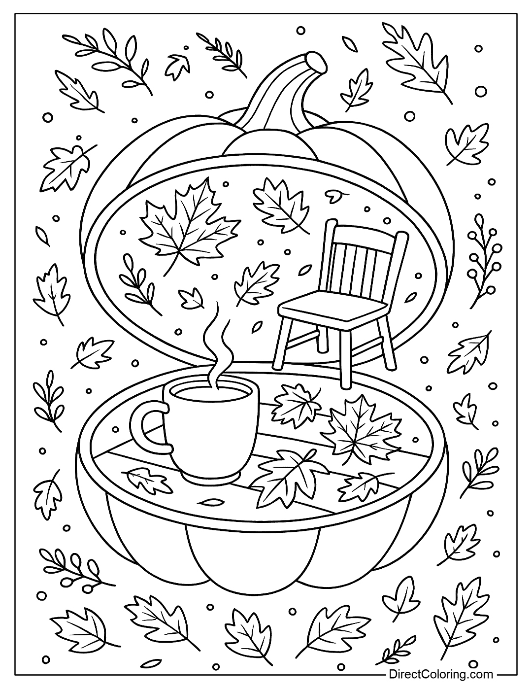 a pumpkin compact coloring page that opens to an autumn scene with yellow leaves, a cup of cocoa, and a wooden chair