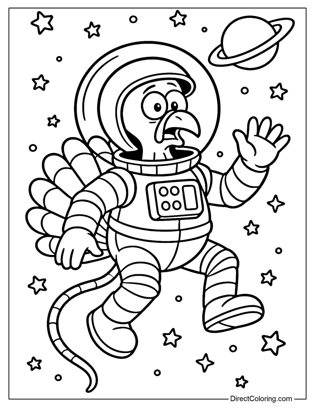 Coloring page of a turkey wearing an astronaut suit, flying in space, surrounded by stars and planets.