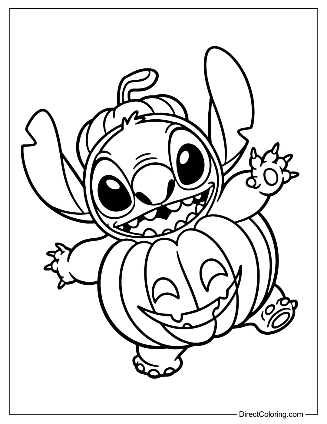 Disney Stitch coloring page wears a round pumpkin costume, the body of the shirt has the characteristic curved grooves of a pumpkin, and wears a small pumpkin cap on his head like a hat.