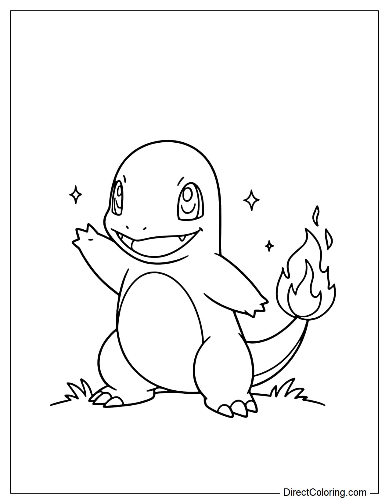 Charmander stands waving one hand with a cheerful smile, its tail curved with a large flame at the tip, surrounded by sparks and smaller flames.