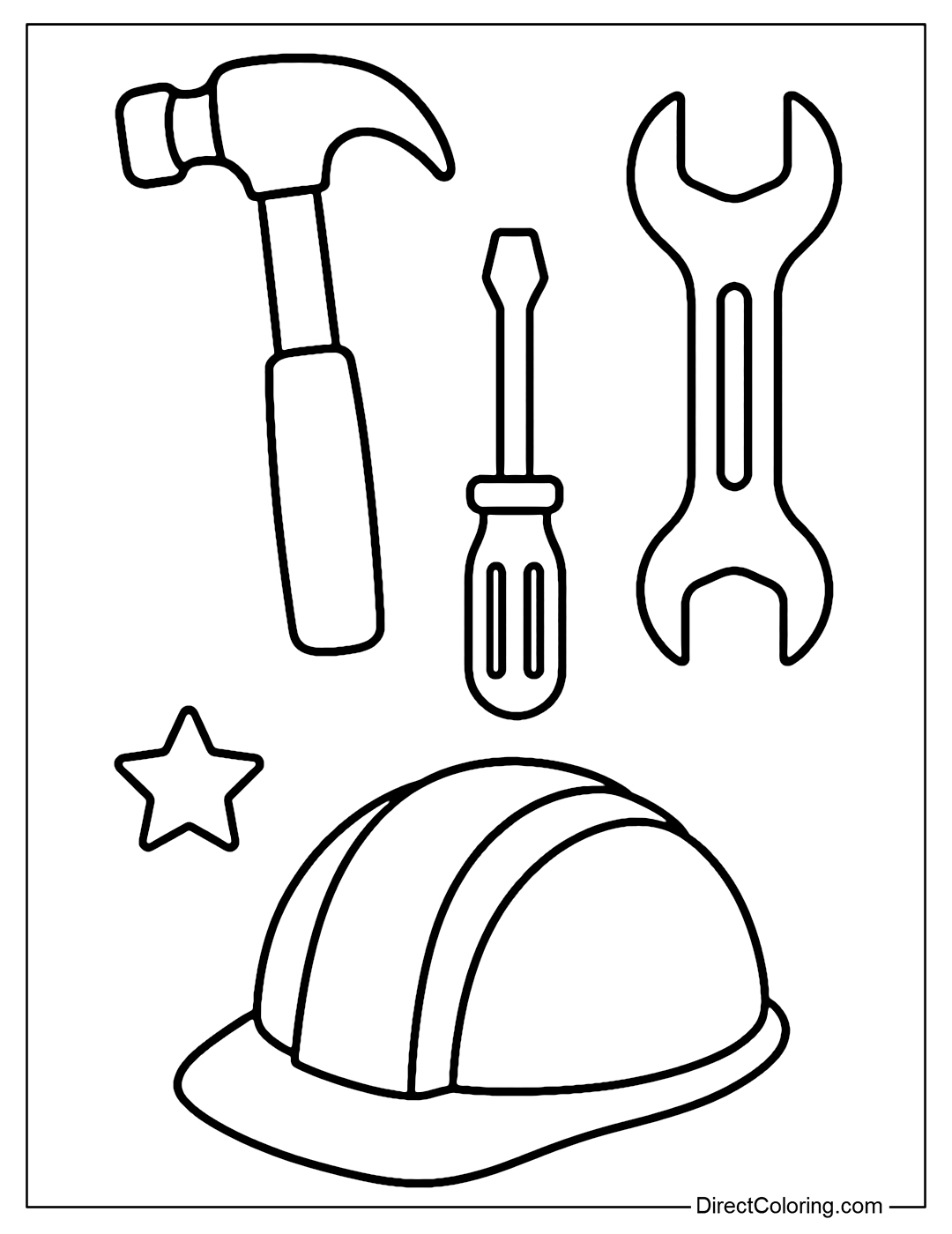 Coloring page of labor tools such as hammers, wrenches, screwdrivers, hard hats are neatly arranged and simple.