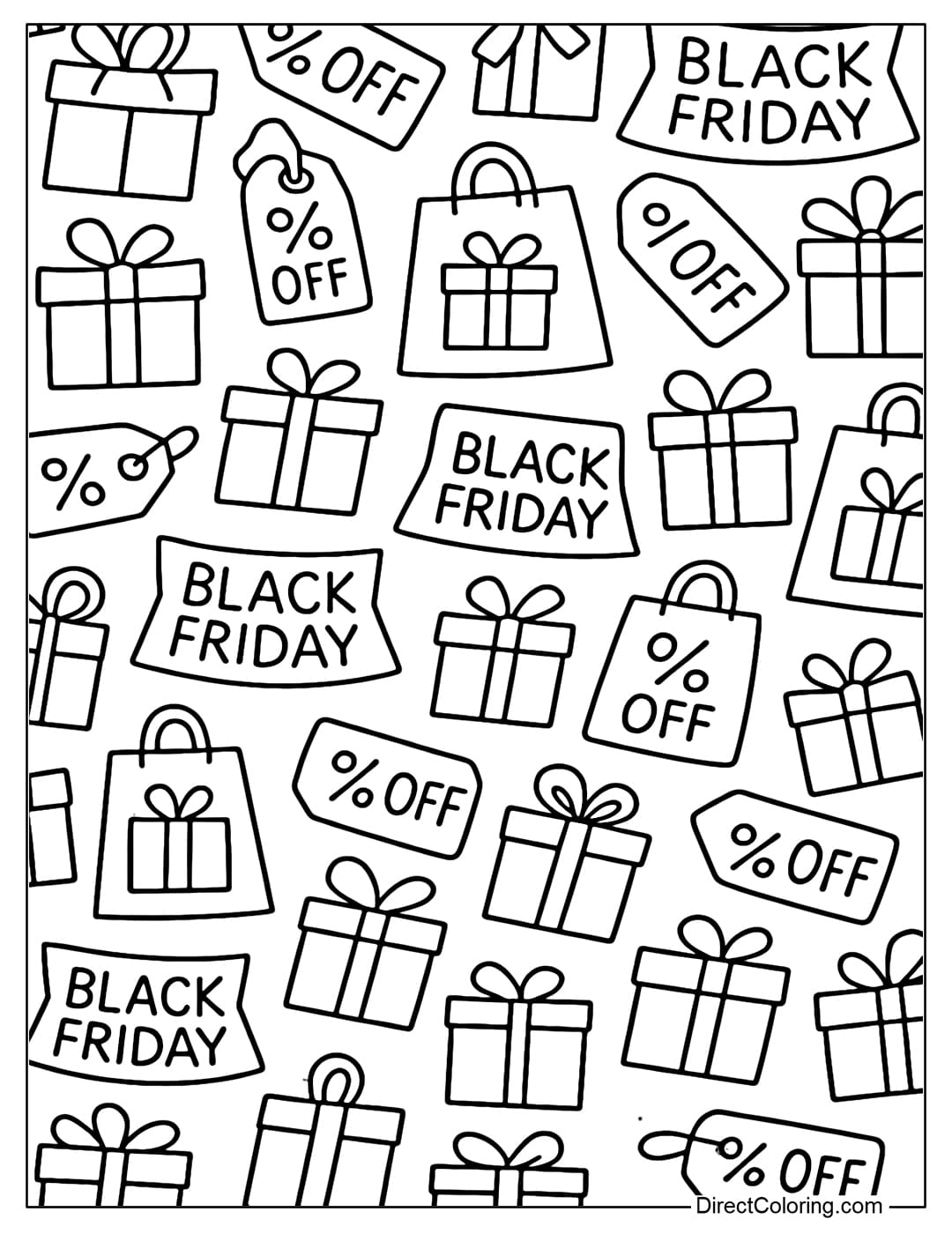 A coloring page with a repeating pattern including many gift bags, boxes, 